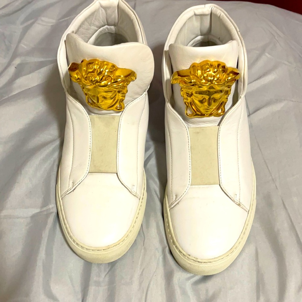 versace White Leather Embellished Palazzo Medusa High Top Sneakers Sz 39